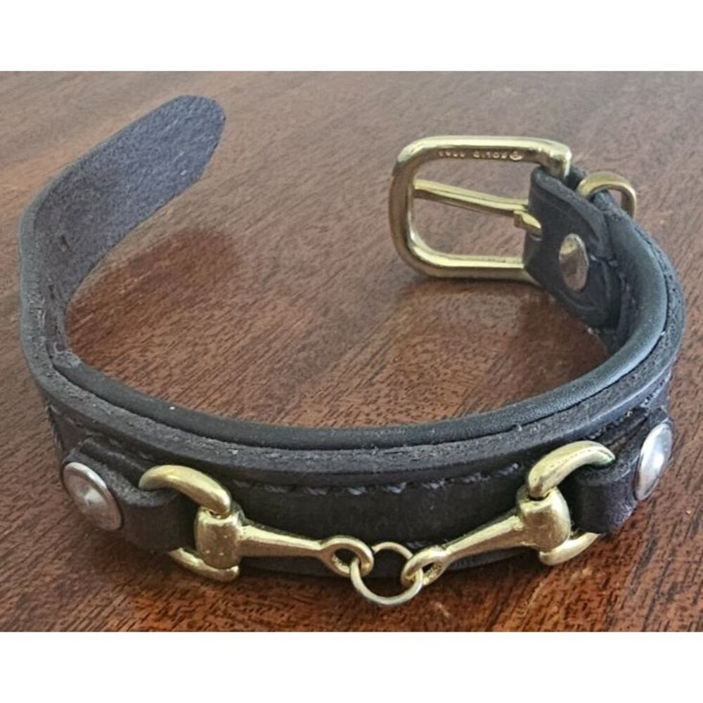 Solid Brass and Black Leather Equestrian Inspired Bracelet 8"